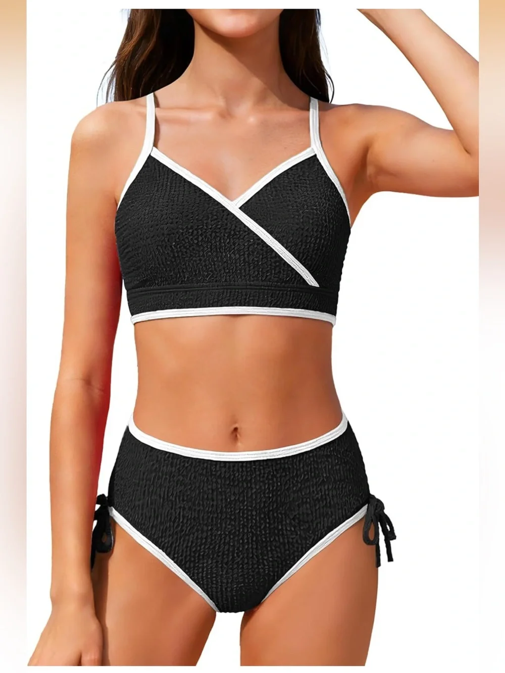 Black Bikini Set White Trim Girls Adjustable Straps Back Cutout Bow Tie nwot